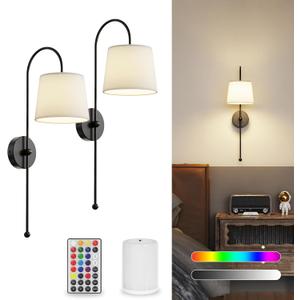 Wall Decor Sconces Set of Two Battery Operated, Rechargeable Wireless Wall Lights for Living Room Bedroom, 2 Battery Powered Wall Lamp with Magnetic Dimmable RGB Bulbs & Remote - Black