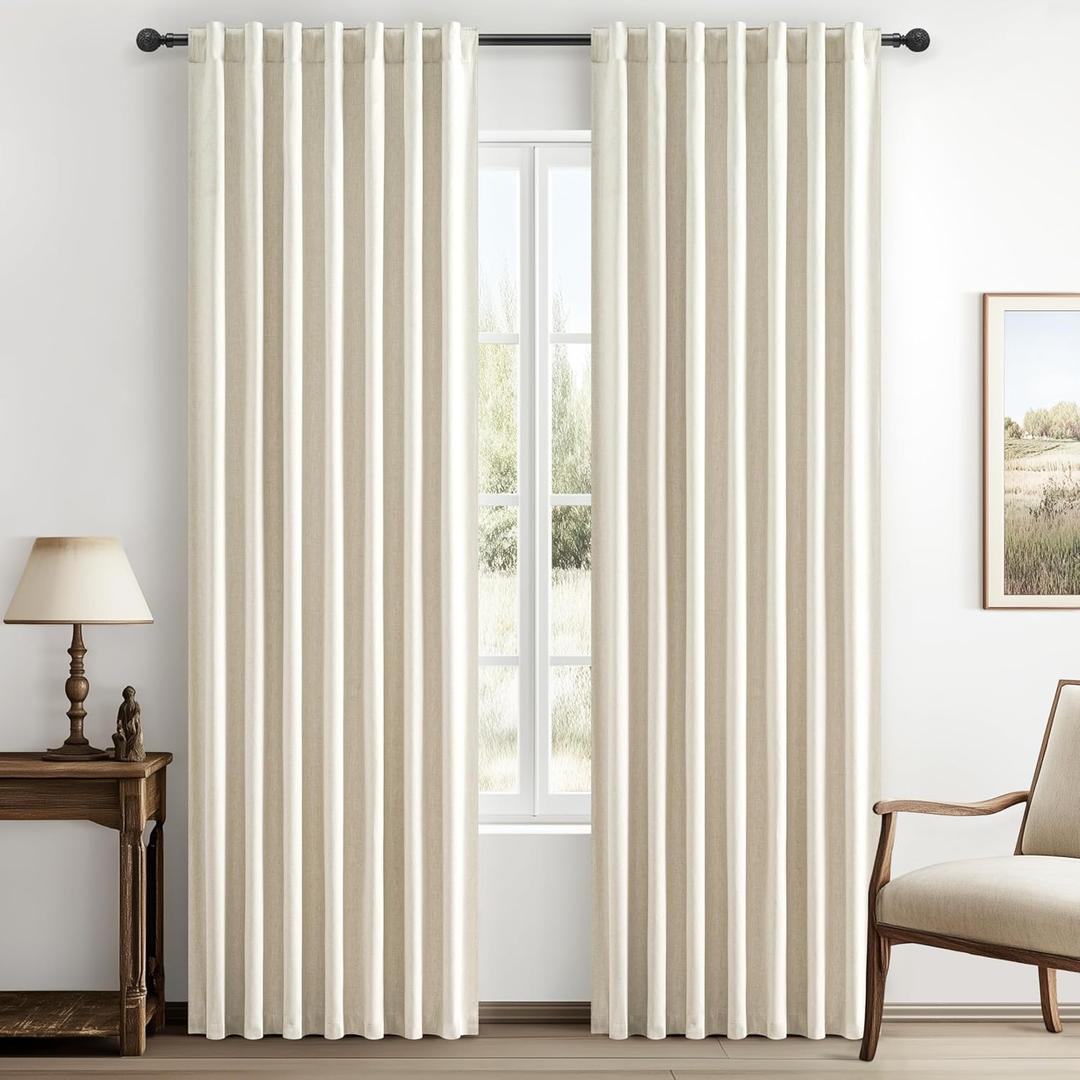 Warm Cream Thick Linen Black Out Curtains 84 Inch Long for Living Room 2 Panels Set, Farmhouse Pleated Room Darkening Window Drapes Insulated Privacy for Kids Bedroom 50"W x 84"L (Rod Pocket Back Tab)