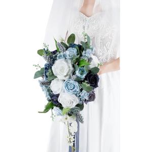 10 Inch Dusty Blue Wedding Bouquets for Bride Artificial Roses Flower Cascading Cascade Bridal Bouquet for Rustic Boho Fall Vintage Wedding Ceremony Party and Anniversary