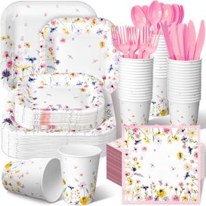 350 Pcs Paper Plates and Napkins Set Disposable Dinnerware Party Supplies Tableware Serve 50 Guest Cups Knife Forks Spoon(Pink,Wildflower)