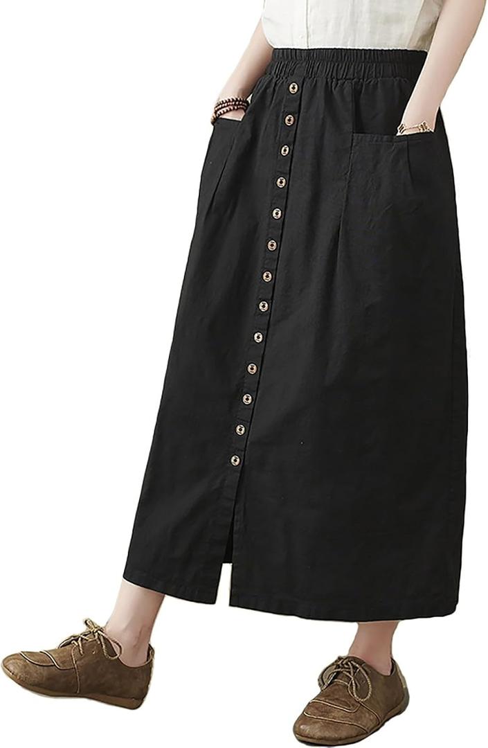 Women's Cotton Linen Midi Skirt Casual Elastic Waist Slit Hem Skirt Loose Vintage A-line Skirt with Pocket (Black, L)