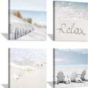 Coastal Artwork Beach Wall Art: Starfish & Chairs on Sand Painting with Word Picture on Canvas for Living Room (16 x 16'' x 4 Panels)