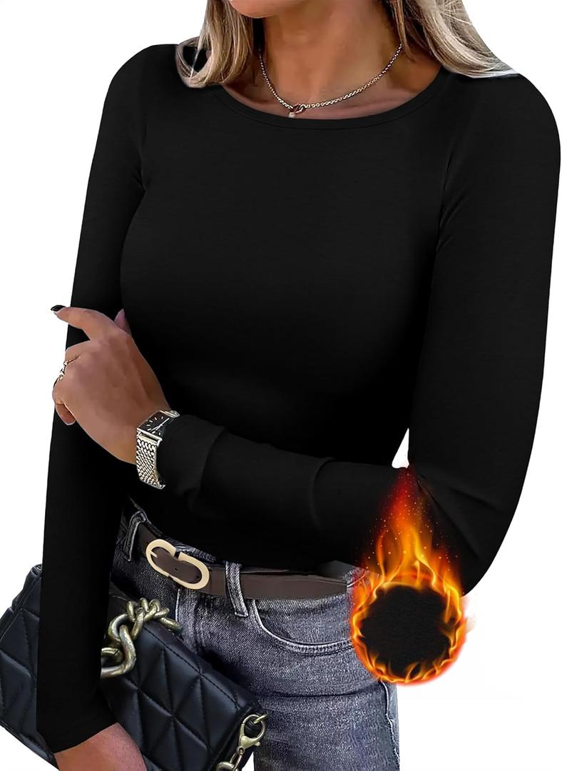 WIHOLL Long Sleeve Thermal Shirt for Women Light Fleece Tops Spring 2025 Crew Neck Casual Basic T-Shirts, S