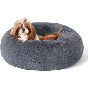 Bedsure Calming Dog Bed for Small Medium Dogs - Donut Washable Medium Pet Bed, 27 inches Anti-Slip Round Fluffy Plush Faux Fur Cat Bed, Dark Grey (27.0"L x 27.0"W x 8.0"Th)