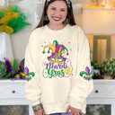 LUKYCILD Women Mardi Gras Sweatshirts Carnival Sweatshirt Funny Mask Graphic Long Sleeve Shirt Fat Tuesday Pullover Top (White, L)