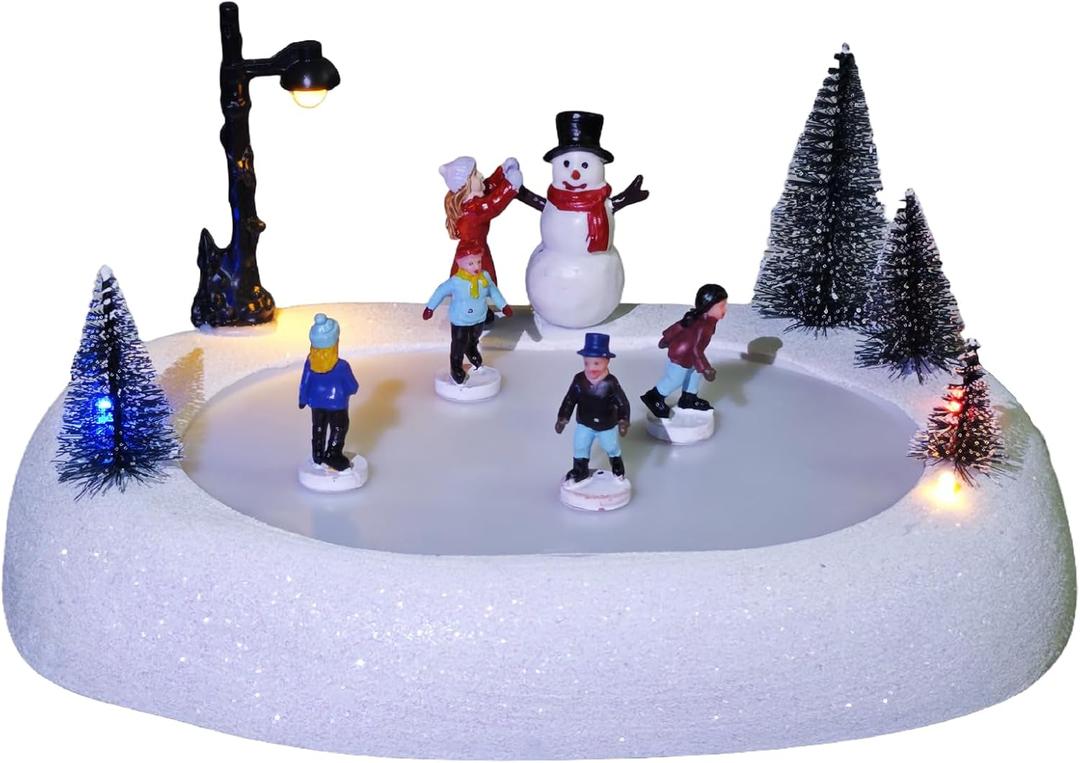 Christmas Village Ice Rink, Colorful Lighted Animated Musical Winter Snow Village Indoor Decorations for Home Tabletop Gift