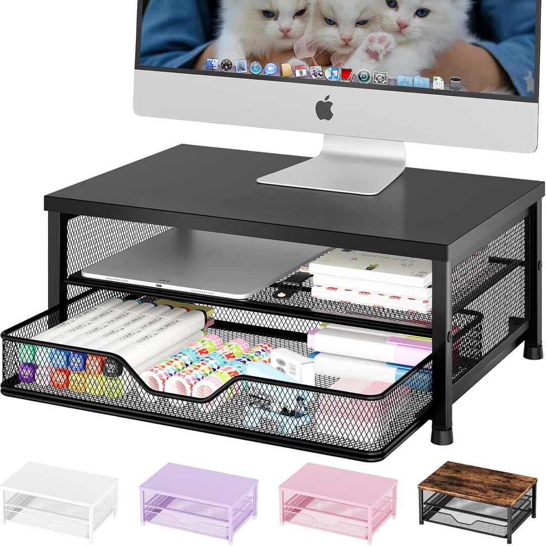 OPNICE Computer Monitor Stand Riser, Desk Organizer with Drawer, Printer & Laptop Stand, Office Desk Accessories & Workspace Desktop Organizers Storage for Office Supplies(Black)