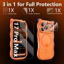3 in 1 Magnetic for iPhone 17 Pro Max Case for Women Girls,1X Screen Protector+1X Camera Lens Protector,Compatible with MagSafe,Translucent Matte,Cute Cat-ear Wavy Phone Case,6.9",Bright Orange