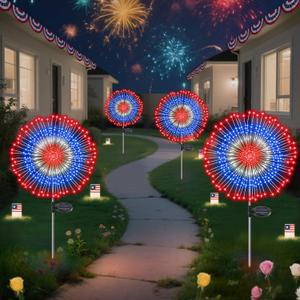 4th of July Decorations Solar Fireworks Lights, 4 Pack 180LED Red White Blue Lights with 8 Modes, Waterproof Solar Garden Light Outdoor for Memorial Day, Fourth of July, Patriotic Decorations