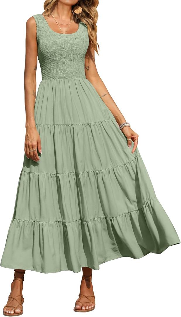 PRETTYGARDEN Women's 2025 Casual Loose Plain Maxi Sundress Smocked Tank Dress Sleeveless Summer Beach Tiered Long Dresses (Green, XL)