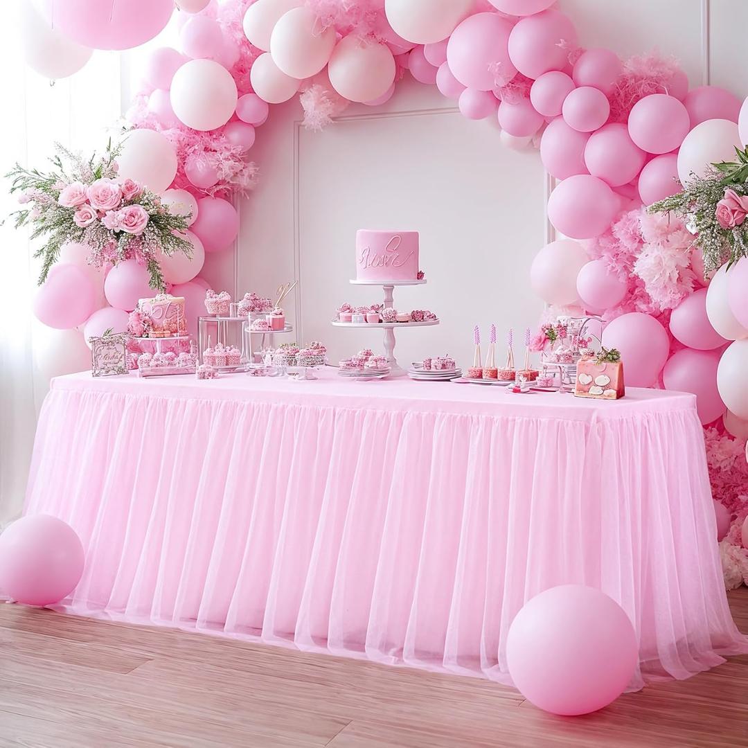 Pink Table Cloths for Parties Light Pink Tulle Tablecloth Rectangle, Pink Tulle Table Skirt Rectangle Table 6ft Fitted Table Covers Stretch Elastic Banquet Party Baby Shower Wedding Table Cloth 6 Foot (72" x 30" (6FT-1Pack))