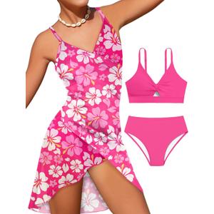 Girls Swimsuits 3 Piece Tropical Print Bathing Suits Twist Cross Bikini Set with Backless Wrap Dress Cover Up (13-14 Years, Hot Pink)