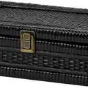 Rattan Box with Lid Decorative Natural Handmade Boho Rattan Baskets Woven Wicker Cane Bins Keepsake Memory Jewelry Boxes Rectangular Desk Shelf Closet Organizer Container (Black, Small)