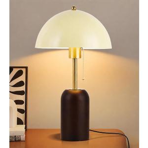 White Mushroom Table Lamp Walnut Wood Table Lamp Farmhouse Rustic Bedside Lamp Metal Shade Desk Lamp with Pull Chain,Plug-in Bedside Lamp for Bedroom,Nightstand,Living Room