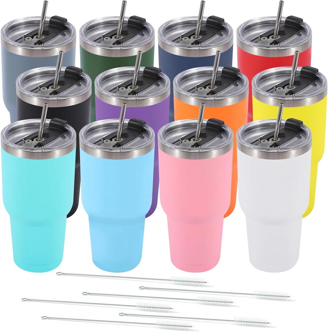 Dongni 30 oz Tumbler with Lid and Straw, Stainless Steel Tumblers Bulk, Insulated Vacuum Double Wall Travel Coffee Mug, Durable Powder Coated Tumbler CupsMix 12 pack