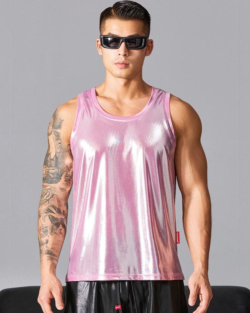 WDIRARA Men's Glitter Sleeveless Round Neck Crop Tank Top T Shirt Party Club Top, Size S