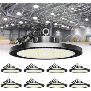 Super Bright 250W 35000LM 8pack UFO LED High Bay Light,5000k High Bay LED Shop Lights with Plug 5ft Cable Hanging Hook Safe Rope, Shop Lights for Garage Factory Workshop Warehouse Barn