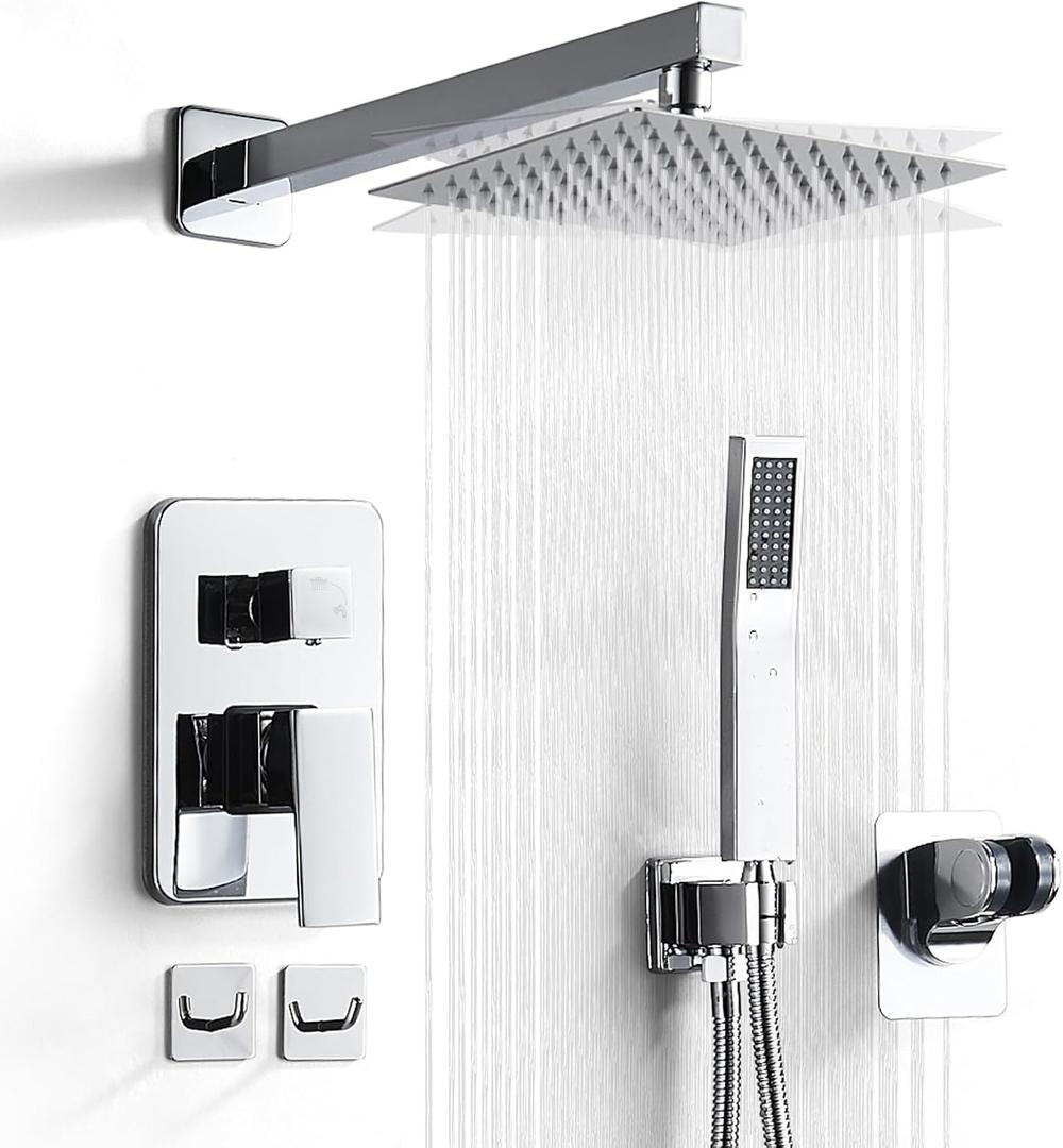 Chrome Shower System 8 Inch, Rain Shower Head with Handheld Spray, Luxury Rain Shower Set Square Wall Mount for Bathroom with Rain Shower and Handheld Shower System