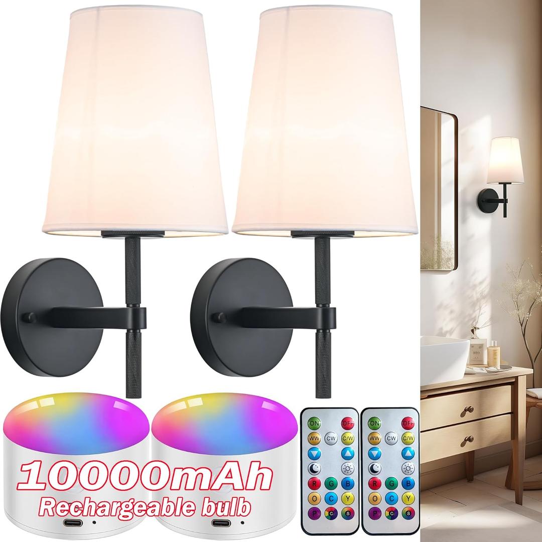 Wireless Sconces Set of 2, Battery Wall Sconce Including 10000mAh Large Capacity Dimmable Magnetic Battery Operated Light Bulbs, Easy to Installed in Any Area Without Hiring Electrician.