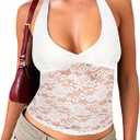 Women's Lace Halter Tops Going Out V Neck Crop Backless Sleeveless Tank Y2k Cute Sexy Shirt Summer Trendy 2026 (White)