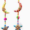 Handmade Moon Stars Cotton Stuffed Rajasthani & Gujarati Traditional Door Hanging Pair Decorative Ladi, Latkan in Vibrant Colors for Home Decor, Office Decor, Wall, Window
