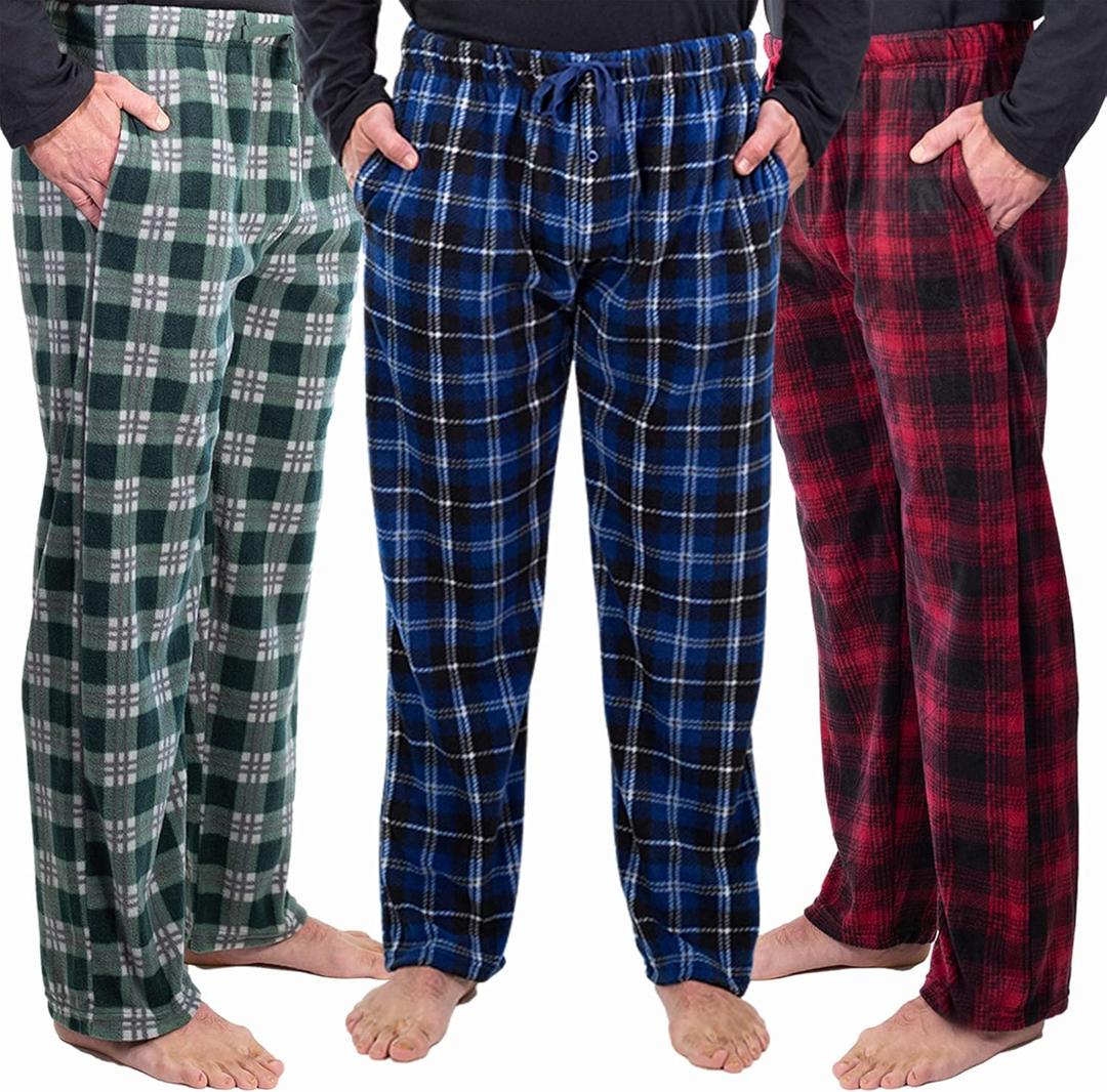 DG Hill 1Pack or 3Pack Mens PJ Pajama Pants Bottoms Fleece Lounge Pants Sleepwear Plaid PJs with Pockets Microfleece (XX-Large, 3pack-red/Green/Blue)