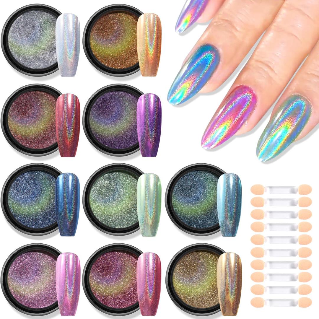 Holographic Chrome Nail Powder, 10 Colors Metallic Mirror Effect Nail Glitter Powder Laser Gold Silver Pink Blue Aurora Iridescent Manicure Pigment Dust with Brush, Nail Art Decoration