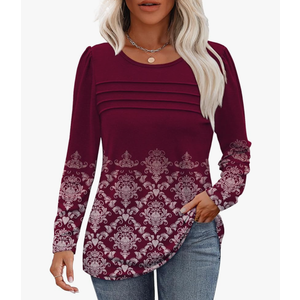 OFEEFAN Long Sleeve Shirts for Women Fall Fashion 2025 Dressy Casual Blouses Trendy Pleated Tunic Tops for Leggings.XL