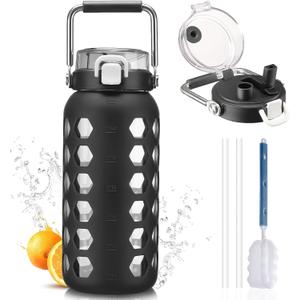 MUKOKO 64oz Glass Water Bottles with Straw and Lid,Half Gallon Water Bottle with Time Marker,Large Glass Water Jug with Silicone Sleeve and Stainless Steel Handle-Black