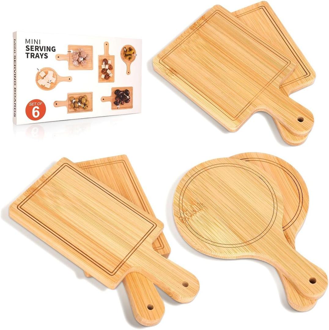 Mini Cutting Board, Charcuterie Boards Set, 6 PCS Bamboo Cheese Board Set, 6inch Cheese Serving Trays Platter Small Wood Cutting Board Fruit Trays for Serving Party, House Wedding Gifts (Light)