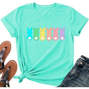 Easter Shirts for Women-Cute Easter Bunny Tee Tops Oh for Peeps Sake Shirt Rabbit Printing Short Sleeves (Small, A-Cyan-041)