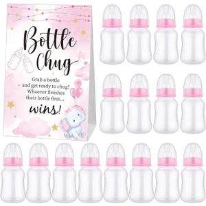 TrelaCo Bottle Chug Baby Shower Game 20 Pcs Baby Bottles Shower Favor with 1 Elephant Theme Sign for Gender Reveal Party Supplies Gifts(Pink)