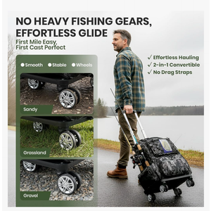 2-in-1 Rolling Fishing Backpack with 3 Rod Holders,Detachable Wheels &Trolley|48L Large Water Resistant Tackle Bag Store Fishing Gear,Safety Reflective Straps,Ideal Fishing Bag for Men
