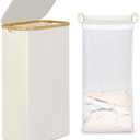 efluky Slim Laundry Basket with Lid, Narrow Laundry Hamper with Removable Bag, Skinny Dirty Clothes Basket with Bamboo Handles for Bathroom, Bedroom & Laundry Room, 75L Beige