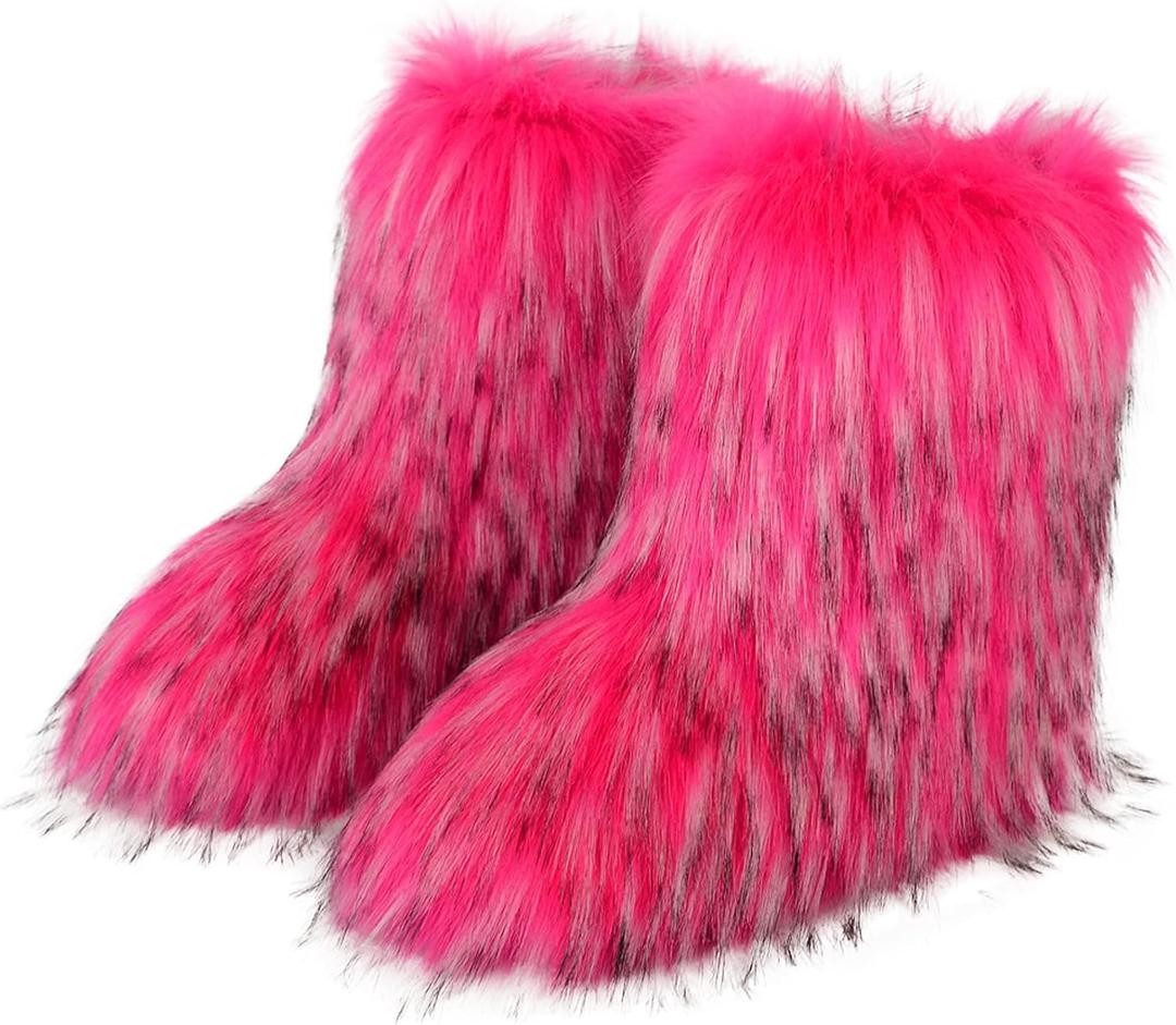 Valpeak Snow Boots for Women 2024 Furry Boots Winter Knee High Flat Heel Fluffy Faux Fur Boots