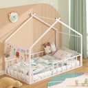 Timy House Shape Twin Size Montessori House Bed Metal Floor Bed with Pegboard and High Rails 1 Safe Opening Gate, White