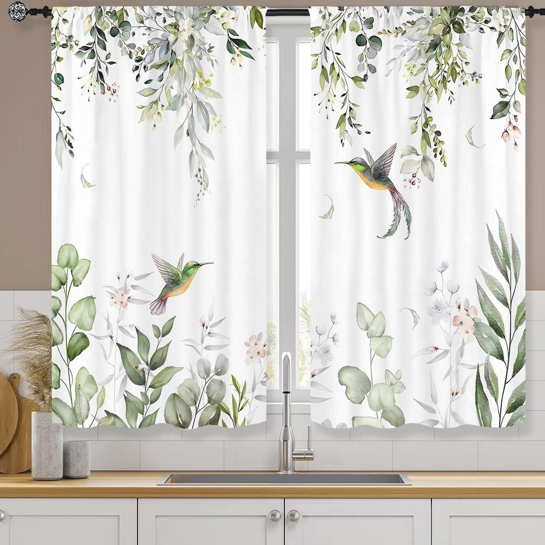 Eucalyptus Green Leaves Kitchen Curtain Rod Pocket 27.5W X 39L Inch 2 Panel Sage Green Leaf Watercolor Floral Hummingbird Small Short Cafe Tier Curtain Plant Window Drape Treatment Home Decor