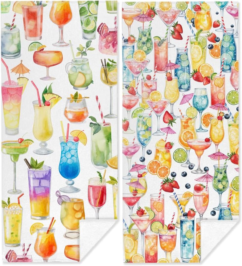2 Pack Watercolor Cute Cocktails Fruit Drinks Beach Towel Microfiber Thin Lightweight Quick Dry Oversized Swim Towels Beach Accessories Cruise Vacation Necessities for Bath Pool Travel 32x71 inch
