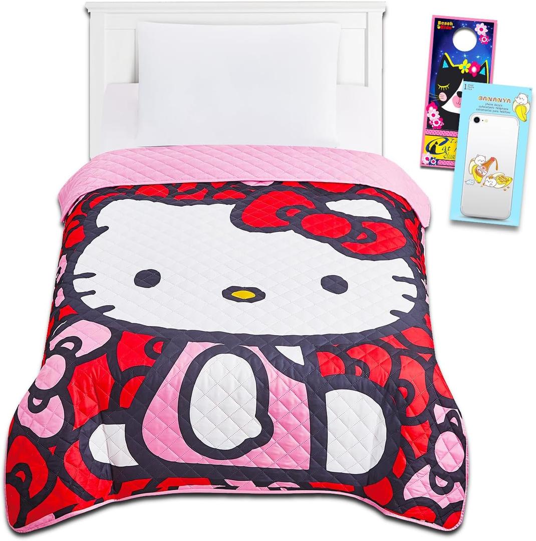 Hello Kitty Bedding Set - Bundle with Hello Kitty Bedspread for Twin Bed Plus Pusheen Decals, More | Hello Kitty Bedroom Decor for Girls