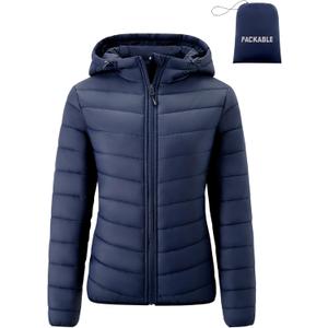 Gihuo Women's Packable Lightweight Hooded Puffer Jacket Quilted Winter Outdoor Jacket with Storage Bag (Navy), S