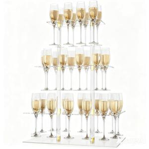 HeiMma Champagne Display Holder Stand for Party, 3 Tier Clear Acrylic Wine Glass Stemware Rack Martini Flute Holder with Led Light, Cocktail Tree Stand for Drinks, 32 Slots, Measures 26" x 20" x 12"