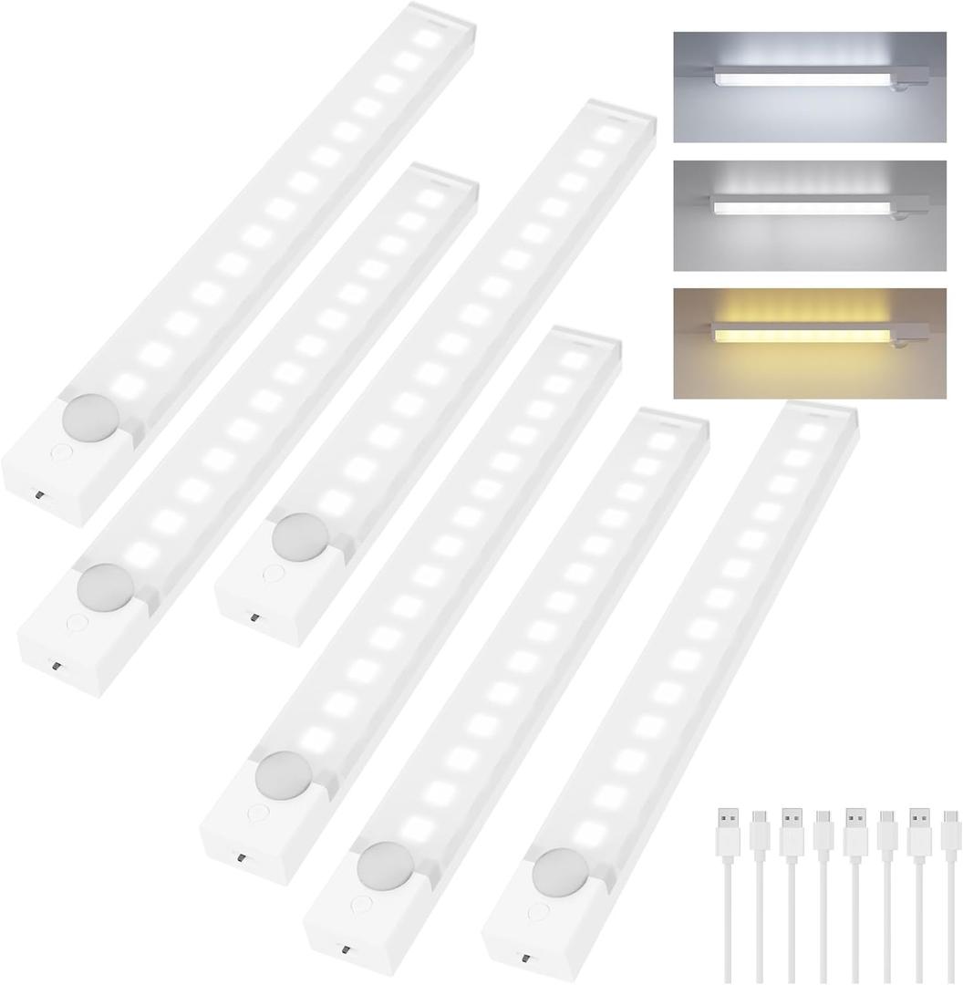 Under Cabinet Lighting 12 Inches Rechargeable Motion Sensor Light Indoor, 3 Color Dimmable Closet Light Battery Operated, USB Stick on LED Magnetic Under Counter Lights for Kitchen Stair, 6Packs