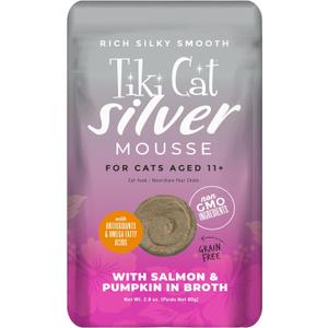 Tiki Cat Silver Mousse, with Salmon & Pumpkin in Broth, Silky Smooth Nutrient Rich Formulated for Older Cats Aged 11+, 2.9 oz. Pouch (12 Count)