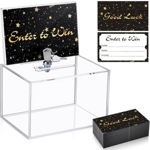 1 Pcs 6.3 x 4.4 x 4 Inch Acrylic Raffle Box with Lock 200 Pcs Raffle Tickets Cards Ticket Box with Sign Holder Suggestion Storage with Slot Clear Donation Collection for Vote (Black)