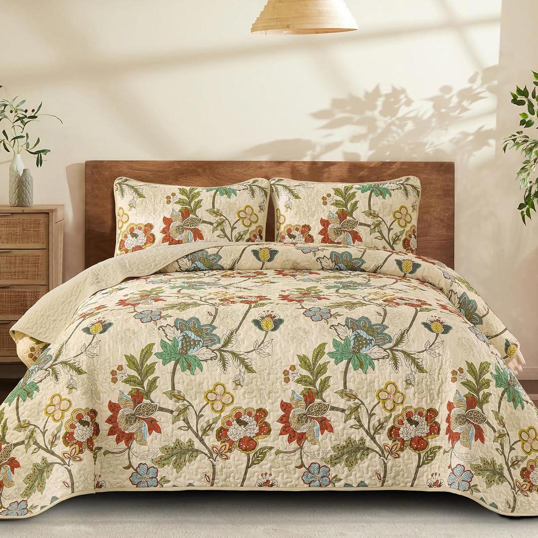 WONGS BEDDING Quilt Set Queen Size, Yellow Botanical Bedspread Bedding Set, 3 Pieces Floral Quilt with 2 Pillowcases, Soft Lightweight Microfiber Coverlet Set for All Season (96"x90")
