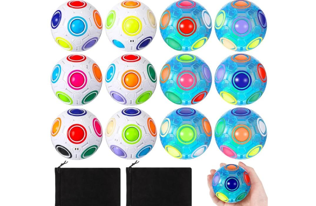 12 Pack Rainbow Puzzle Ball Magic With 2 Pcs Pouches Fidget Toy for Boys and Girls Speed Cube Funny Stress Reliever for Kids Teen and Adults (White, Blue)