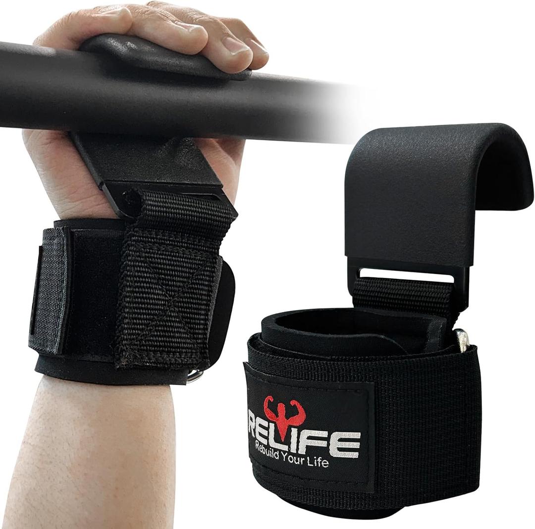 RELIFE REBUILD YOUR LIFE Lifting Hooks for Men and Women(Pair), Pull Up Straps, Gym Reapers Lifting Wrist Grips, Heavy Powerlifting, Lifting Hooks for Weight Lifting (Black)