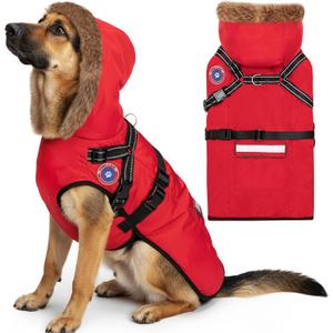 PAWNISAW Dog Winter Coat with Harness Built in, Warm Thick Plush Hooded Dog Snow Jacket for Cold Weather, Windproof Reflective Pet Clothes Outfit for Small, Medium, Large, XL & XXL Dogs Outdoor (Red)