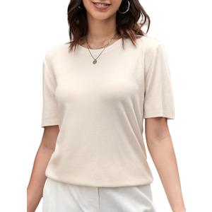 DAIMIDY Womens Wool Blend Sweater Soft Crew Neck Short Sleeve Pullover Knit Tops (Medium, A01 Beige)