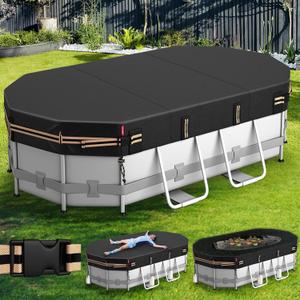 QH.HOME 7x10 Ft Oval Pool Cover for Bestway/Intex/Coleman Frame Oval Pool, [Excellent Windproof ] with Adjustable Buckle Straps & Drawstring Hem. [Durable, Tear Resistant]